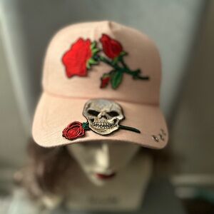 Pink Baseball Cap with Rose & Skull Embroidery